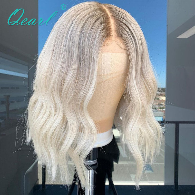 Pelucas de cabello humano con frente de encaje HD para mujer, peluca Frontal de encaje Bob corto, rubio ceniza degradado, gris, reflejos, peluca transparente 13x1, oferta Qearl