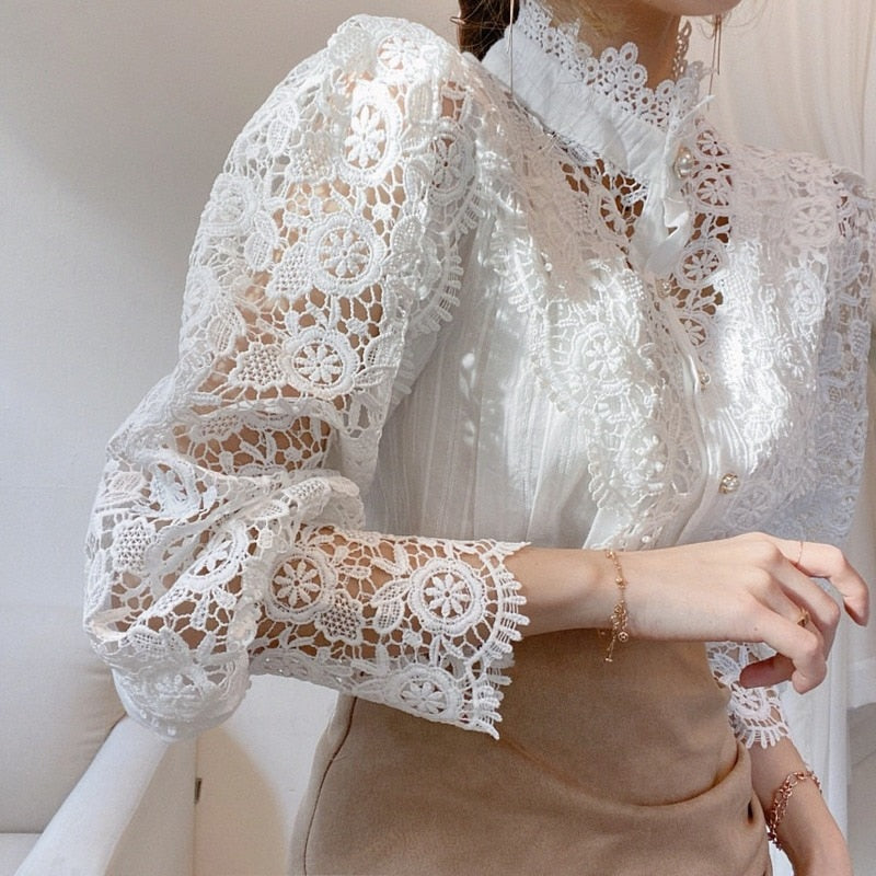 Korean Chic Lace Blouse Women White Patchwork Shirt Button Hollow Out Tops Flower Stand Collar Blusas Petal Sleeve Blouses 12419