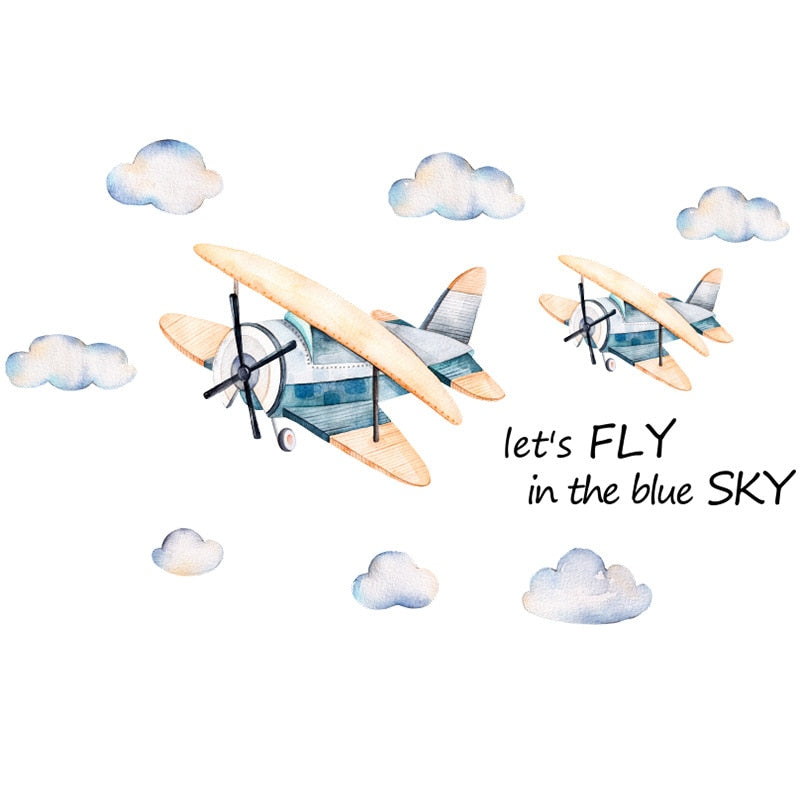 Fly in the sky Wall Stickers for Kids room Bedroom Eco-friendly Vinyl Wall Decals Cartoon Airplane Wall Murals Home Decoration