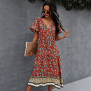 Deep V-Neck Summer Dress 2021 Beach Boho Floral Print Vintage Button Dresses Women Casual Loose A-Line Midi Long Elegant Robe