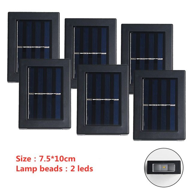 6 LED-Solarwandleuchte im Freien, wasserdicht, nach oben und unten, leuchtende Beleuchtung, Gartendekoration, Solarleuchten, Treppen, Zaun, Sonnenlicht