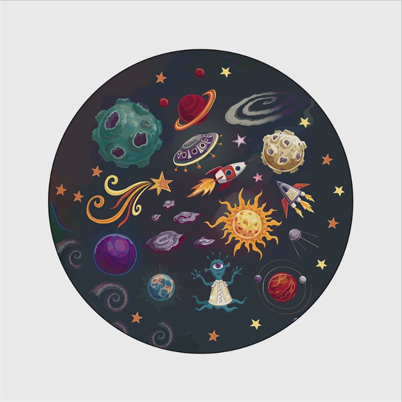 Bubble Kiss Color Cartoon Space Planet Pattern Round Carpet Rugs for Children Rooms Grey Modern Home Decor Polyester Floor Mat