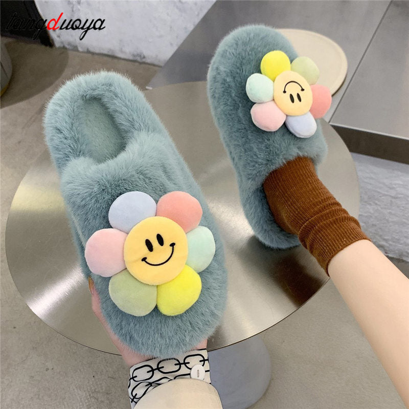 Sun flower Slippers Women Slippers Furry Fluffy Flat Shoes Winter Home Slippers Fashion Comfortable Slip Lazy Thick Fur Slides