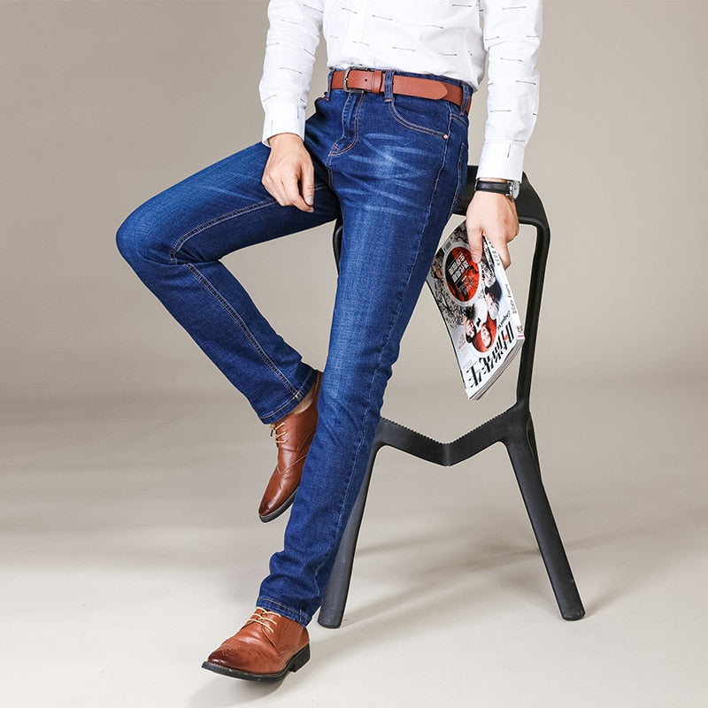 Men's Fashion Business Jeans Classic Style Casual Stretch Slim Jean Pants Male Brand Denim Trousers Black Blue