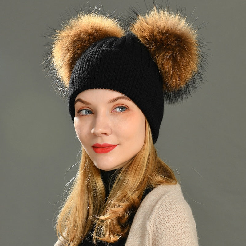 Double Real Raccoon Fur Pompom Hat Women Winter Caps Knitted Wool Hats Skullies Beanies Girls Female Two Fur Pom Pom Beanie Hat