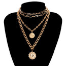 IngeSight.Z Punk Multi Layer Curb Cuban Chunky Thick Portrait Choker Necklace Women Vintage Carved Coin Pendant Necklace Jewelry