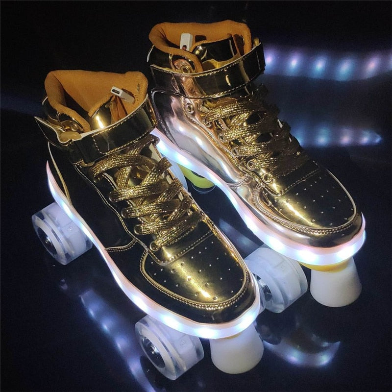 New Style Led Rechargeable 7 Colorful Luminous Double Row 4 Wheel Roller Skates Patines Outdoor Men Women Shoes