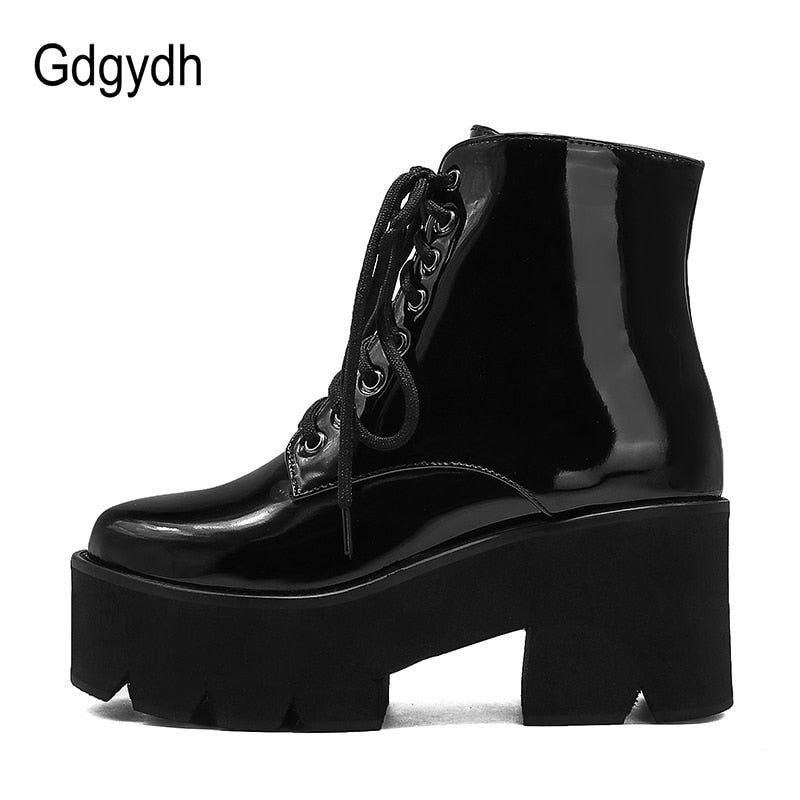 Gdgydh Punk Style Platform Heel Womens Ankle Boots Chunky Motorcycle Boots For Women Patent Leather Purple Yellow Shoes Big Size