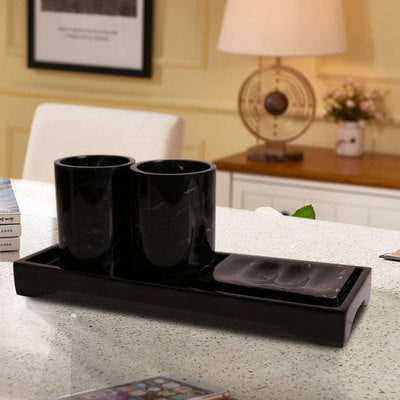 Black Marble Pattern Tray Resin Bathroom Set Toothbrush Holder Soap Dispenser Soap Dish Men&