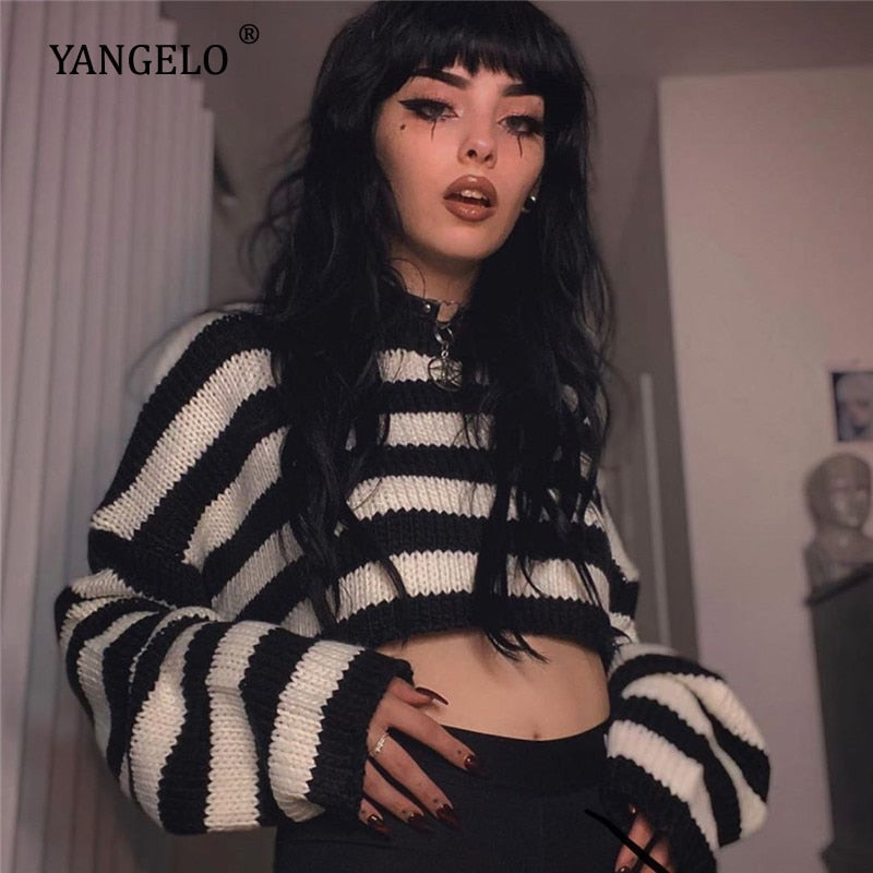 Yangelo Vintage Gestreifte Gothic Pullover Punk Stil Langarm Oansatz Frauen Lose Pullover Mode Herbst Streetwear 2022