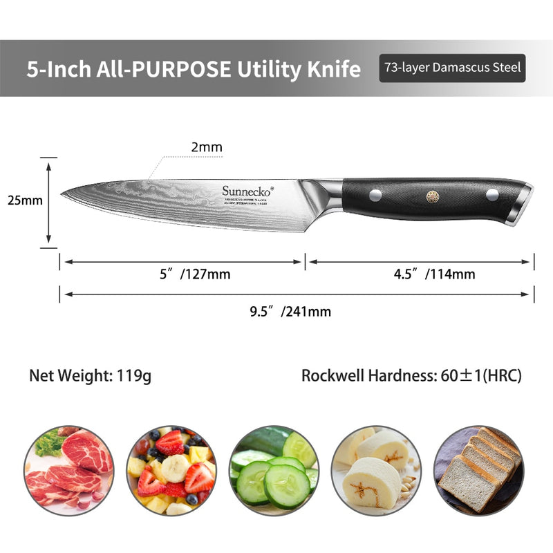 New SUNNECKO 5" inch Utility Knife Razor Sharp Blade Japanese VG10 Steel Kitchen Knives Damascus G10 Handle Chef Slicing Cutter