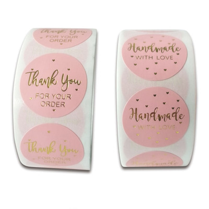 500 stücke runde etiketten handgemachte kraftpapier rosa hot gold verpackung aufkleber süßigkeiten tasche geschenkbox verpackung hochzeit dank aufkleber