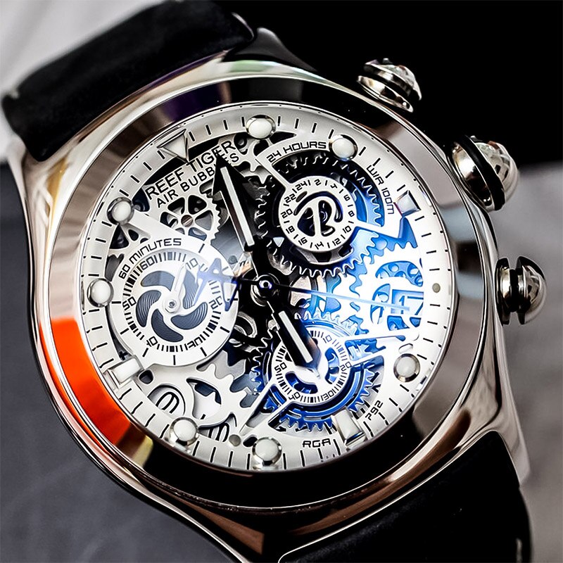 Reef Tiger/RT Mens Sport Watches with Chronograph Skeleton Dial Date Three Counters Steel Watch RGA792