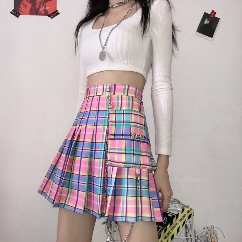 Harajuku Niedliche Röcke Frauen Kawaii Plaid Elastische Hohe Taille A-Linie Plissee Miniröcke Regenbogen Koreanisch Japanisch Schuluniform