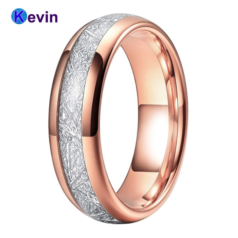 Rose Gold Womens Mens Weding Band Tungsten Ring Dome Band White Meteorite Inlay 6MM 8MM Comfort Fit