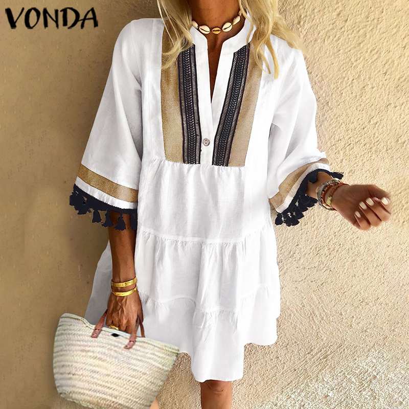 2022 VONDA Summer Beach Dress Women Vintage Print Sundress Half Sleeve V Neck Party Dress Bohemian Vestido Casual Robe