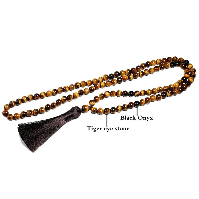 Natürlicher Grad A 8mm Tigerauge Stein und schwarze helle Onyxperlen Halskette108 Perle Mala Schmuck Buddha Gebetsarmband Damen Herren