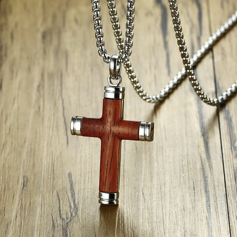 Vnox Vintage Rosewood Men Pendant Necklace Real Wood Wooden Stainless Steel Cross Office Jewelry drop shipping