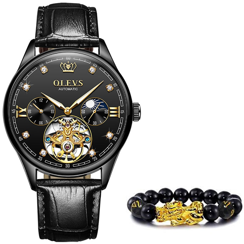 OLEVS, relojes mecánicos clásicos para hombre, reloj automático Tourbillon, reloj de pulsera militar resistente al agua de cuero genuino
