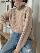 WOTWOY Autumn Winter Knitted Turtleneck Sweater Women Thick Long Oversized Sweaters Women Solid Cashmere Pullovers Korean Tops