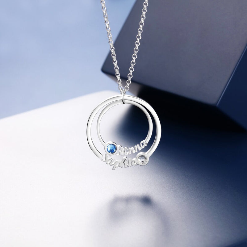 JewelOra 925 Sterling Silver Personalized Name Necklace with 2 Birthstones Custom Double Circle Couple Necklaces for Lovers
