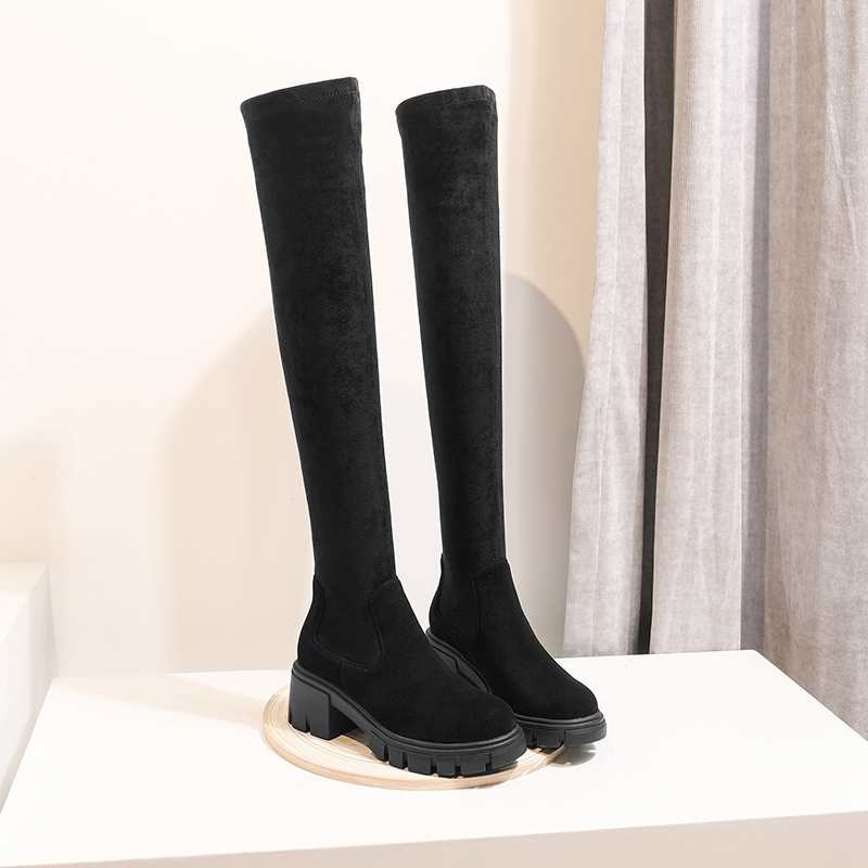 Krazing Pot Big Size Cow Leather Stretch Over-the-knee Boots Platform Round Toe High Heels Winter Women Warm Thigh High Boots