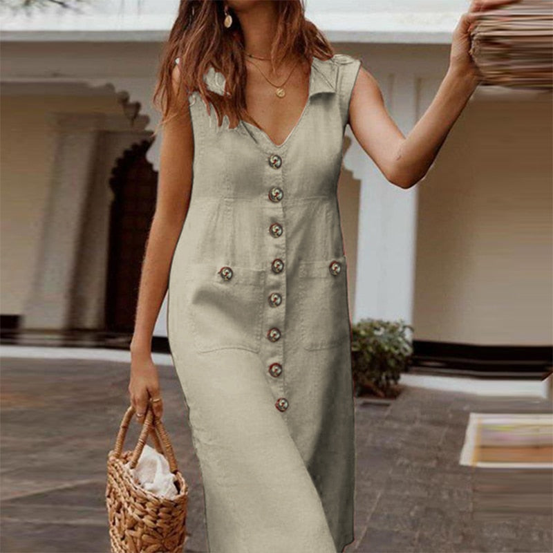 ZANZEA Women V neck Buttons Down Dress Summer Sleeveless Cotton Linen Sundress Casual Sarafans Vestido Party Tanks Dress