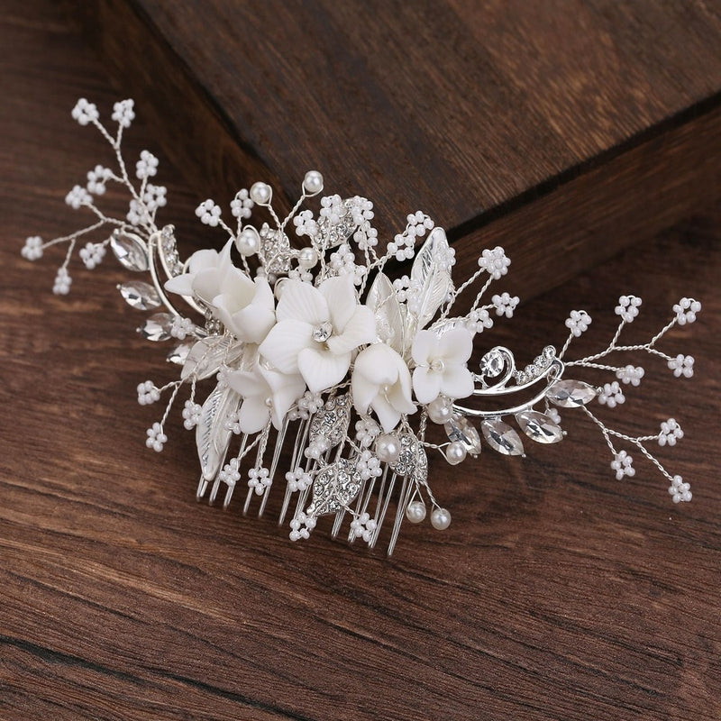 White Flower Rhinestone Pearl Hair Comb Bridal Hair Accessories Elegant Wedding Hair Comb Women Head Ornaments Headband