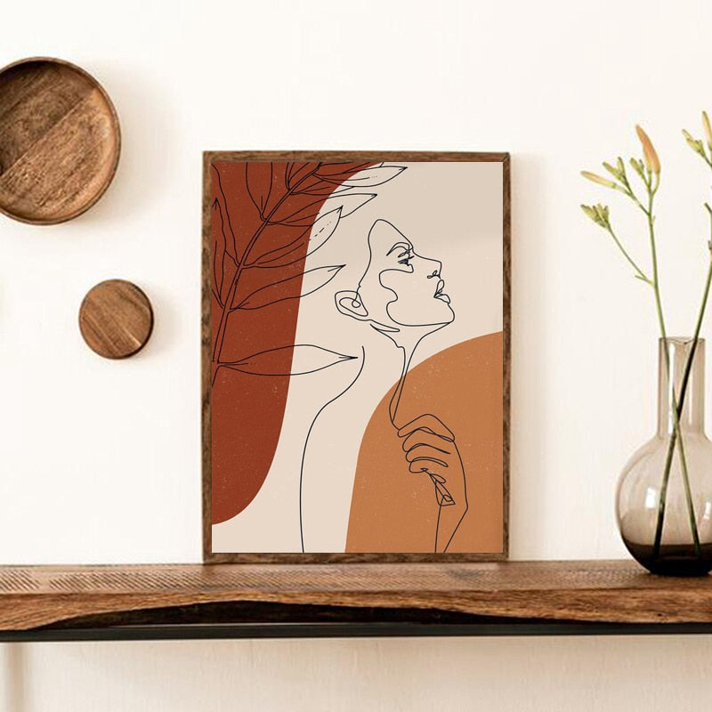 Woman Face One Line Abstract Painting Burnt Orange Terracotta Wall Art Canvas Print Mid Century Boho Picture Living Room Decor