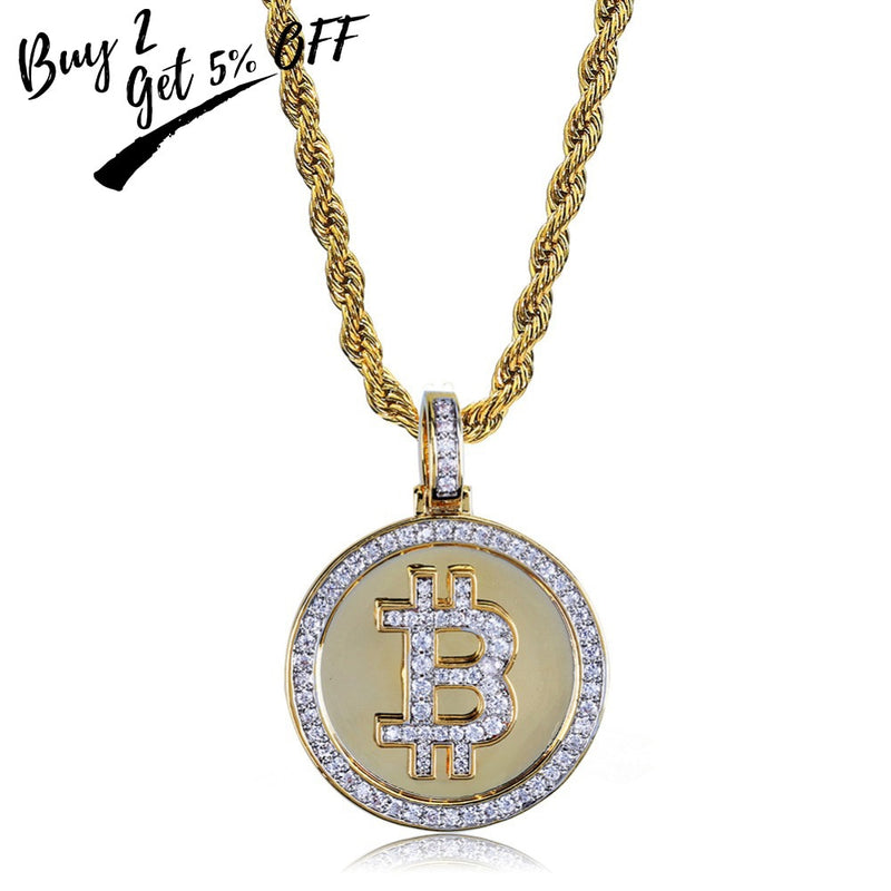 TOPGRILLZ Hip Hop Gold Color Color Plated Iced Out Micro Pave Zirconia Round Bitcoin Pendant Necklace For Men Three Chains