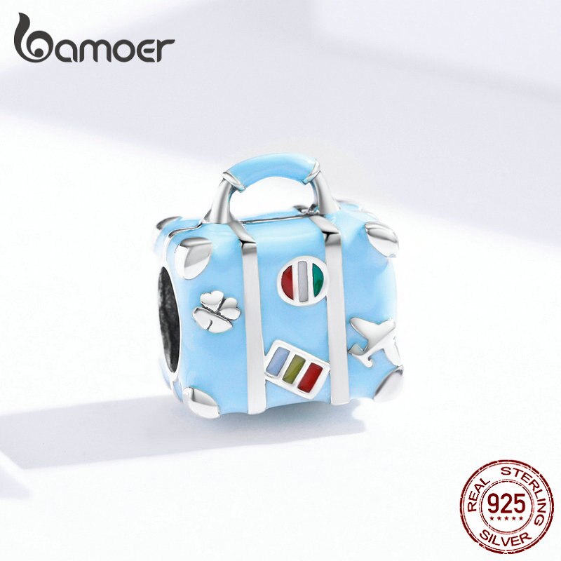 bamoer 925 Sterling Silver Blue Enamel Suitcase Metal Bead fit Women Jewelry Making Original Silver Bracelet DIY Jewelry SCC1377