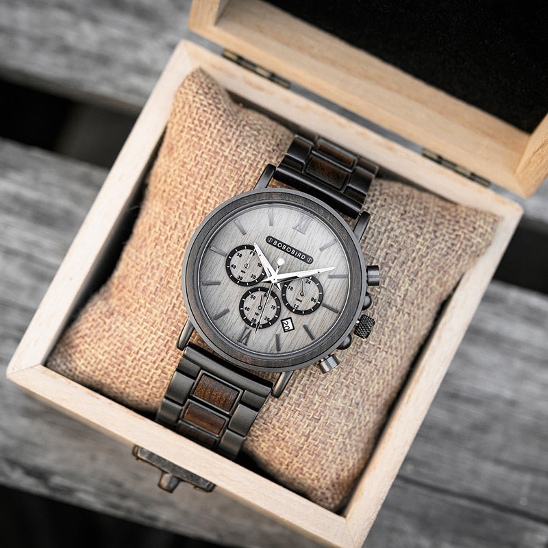 BOBO BIRD Luxury Stainless Steel Wood Watch Men Stylish Timepieces Chronograph Waterproof Watches Valentine&