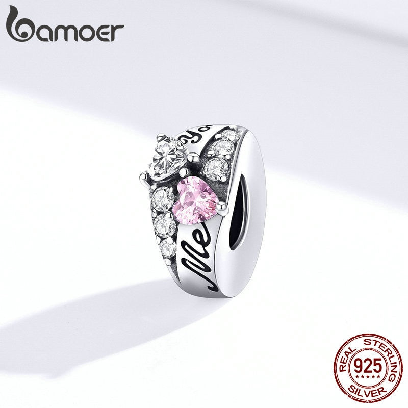 Bamoer Plata de Ley 925 dulce corazón anillo en forma de encanto para mujer Original plata DIY pulsera boda declaración joyería BSC283