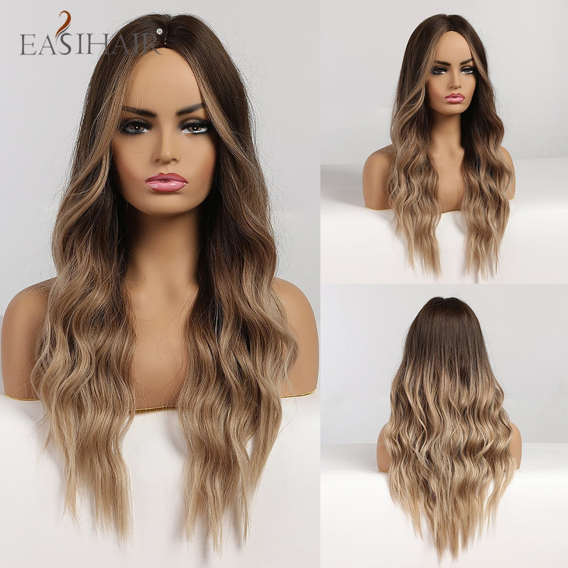 EASIHAIR Long Wavy Brown Synthetic Wigs With Blonde Highlights Cosplay Natural Hair Wigs High Temperature Fiber For Black Women