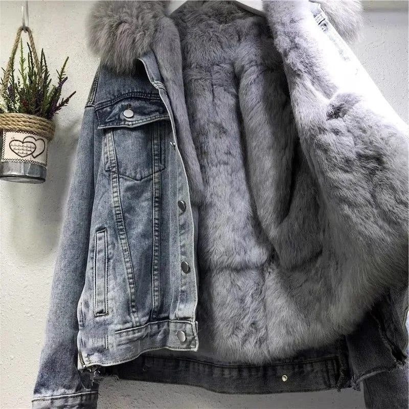 Thick warm Denim Parkas Female Winter Oversized Detachable Plus Velvet Jacket Vintage Cotton Denim Jacket Women Denim Coat