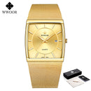 WWOOR Luxury Gold Watch Men Square Japan Quartz Slim Steel Mesh Waterproof Sports Automatic Date Wrist Watches Relogio Masculino