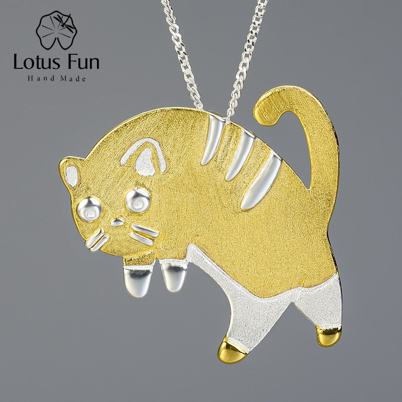 Lotus Fun Real 925 Plata de Ley hecha a mano joyería fina encantador gato asustado diseño colgante sin collar para mujer lindo regalo