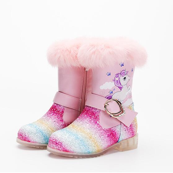 Fashion Girls Snow Boots With Sequins Waterproof Pu Leather Princess Rainbow Unicorn Plush Boots Winter Kids Cartoon Shoes