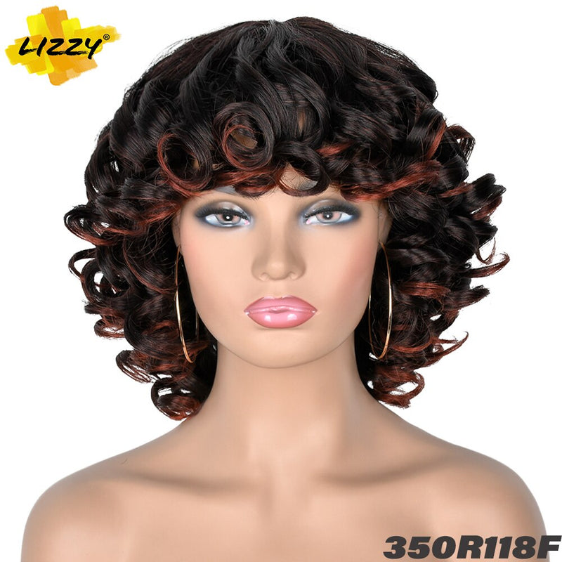 Short Hair Afro Curly Wig With Bangs Loose Synthetic Cosplay Fluffy Shoulder Length Natural Wigs For Black Women Dark Brown 14&quot;