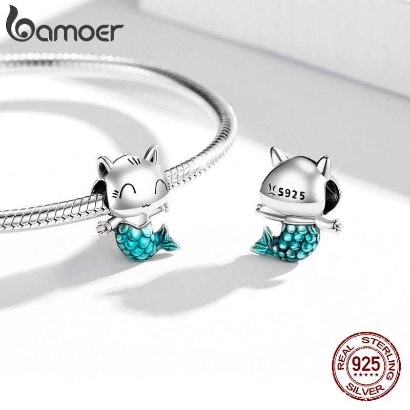 bamoer 925 Sterling Silber Kitty Meerjungfrau Charm blauer Emaille Perlenanhänger für Bettelarmband Armreif zum Selbermachen für Mädchen