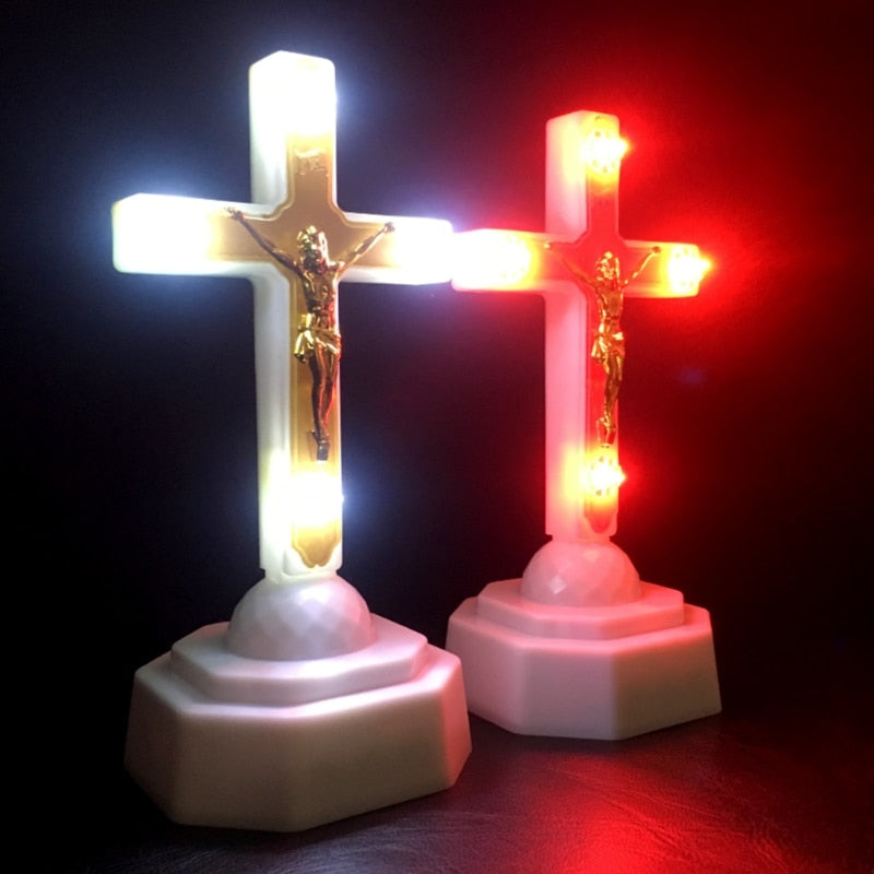 LED Light Christ Jesus Lcon Cross Home Church Pray Ornaments Church Souvenirs 11UA