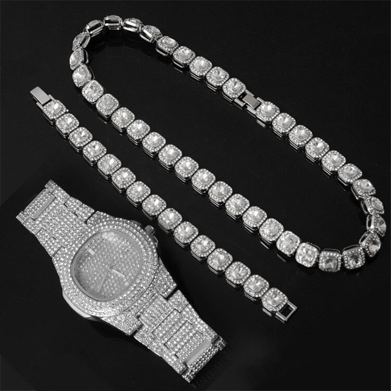 HIP 12MM Prong Tennis Necklace +Baguette Watch+Bracelet Hip Hop Chain Iced Out Bling Paved Rhinestones CZ Bling For Men Jewelry