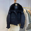 Janveny, chaqueta de plumón de piel auténtica de zorro para mujer, abrigo de plumón de pato blanco 90% holgado corto 2021, prendas de vestir de nieve acolchadas con bolsillos grandes para mujer