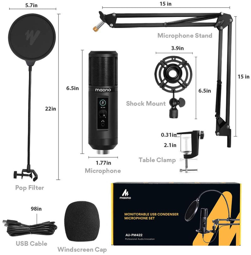 MAONO USB Condenser Professional Microphone All Metal Zero Latency Monitoring One-Touch Mute Button Computer PC Mic PM422