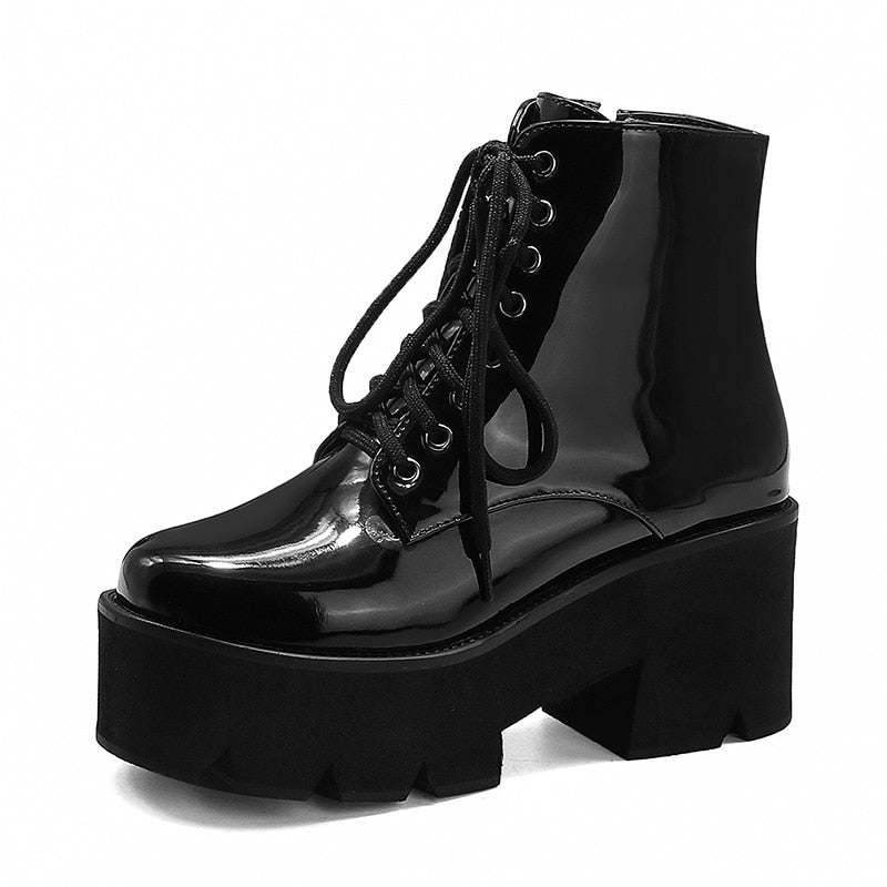 Gdgydh Punk Style Plateauabsatz Damen Stiefeletten Chunky Motorradstiefel für Damen Lackleder Lila Gelb Schuhe Große Größe