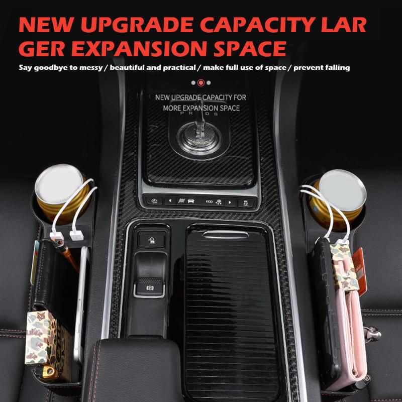 Auto Car Seat Gap Organizer PU Leather Storage Box Cup Holder Car Seat Side Slit Pocket Storage Bag With Dual USB Charger Ports