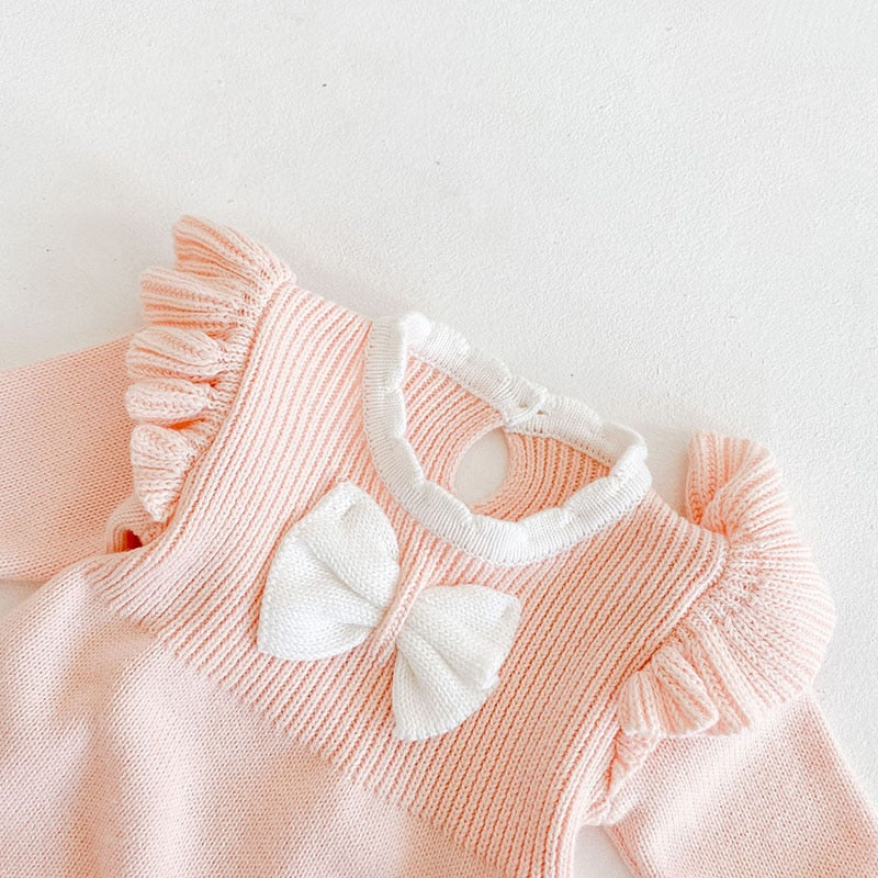 Cute Autumn Winter Infant Baby Girls Bowknot Rompers Clothing Kids Girl Long Sleeve Knit Rompers Clothes