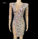 Sparkly Colorful Rhinestones Transparent Dress Prom Evening Sexy See Through Multicolor Crystals Costume Birthday Fether Sleeves