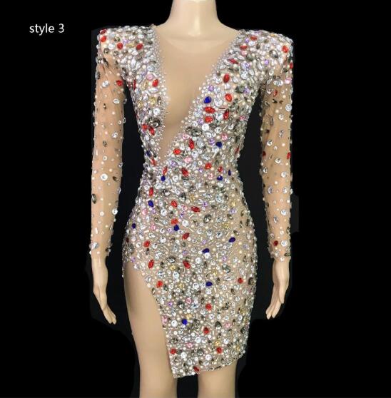 Sparkly Colorful Rhinestones Transparent Dress Prom Evening Sexy See Through Multicolor Crystals Costume Birthday Fether Sleeves