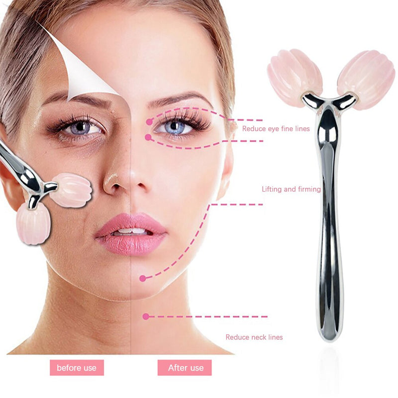 Masajeador de rodillos de Jade 3D para cara, cuarzo rosa, piedra Natural GuaSha, rodillo Facial de belleza, masajeador Facial antiarrugas de elevación fina